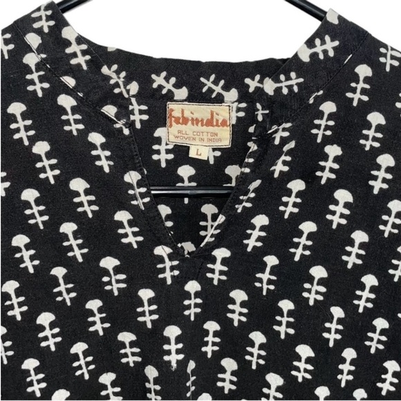 FabIndia Vintage Mens Black Abstract Print Cotton Short Kurta Tunic Shirt Large - Picture 5 of 9